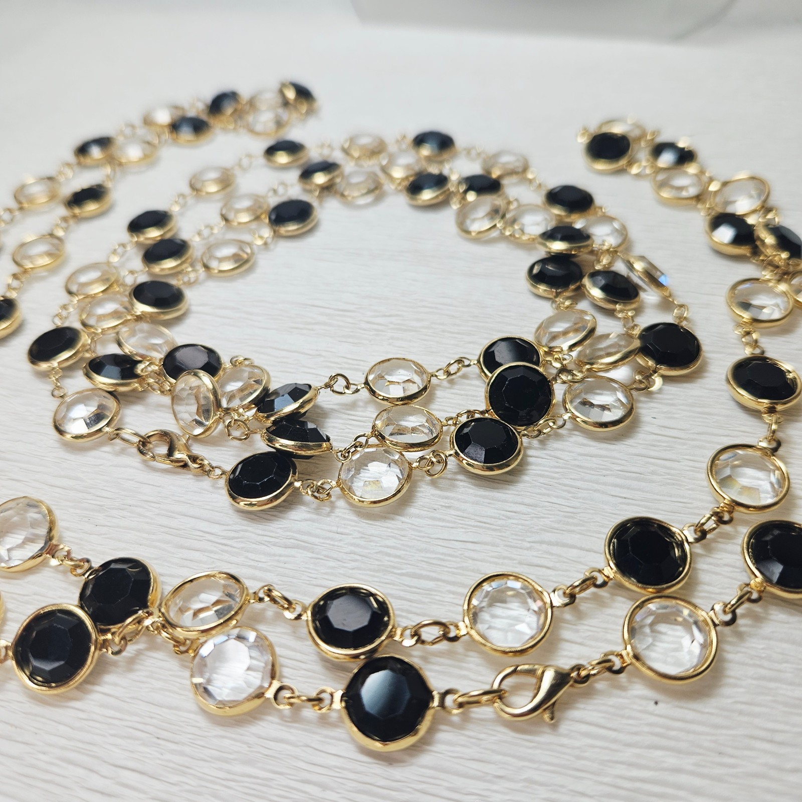 2 Bezel Set Open Back Crystal Necklaces Black Clear Gold 36″ Each 11mm Crystals
