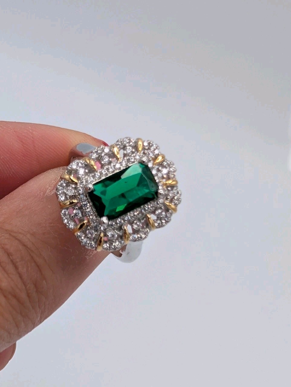 3.75 Carat Simulated Emerald Baguette CZ Halo Ring 14k Gold Plated Sterling 925