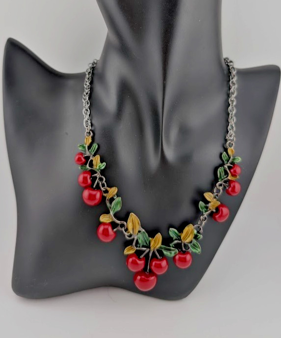 RED CHERRIES NECKLACE & EARRINGS SET retro fruits bib cherry summer berries Y6