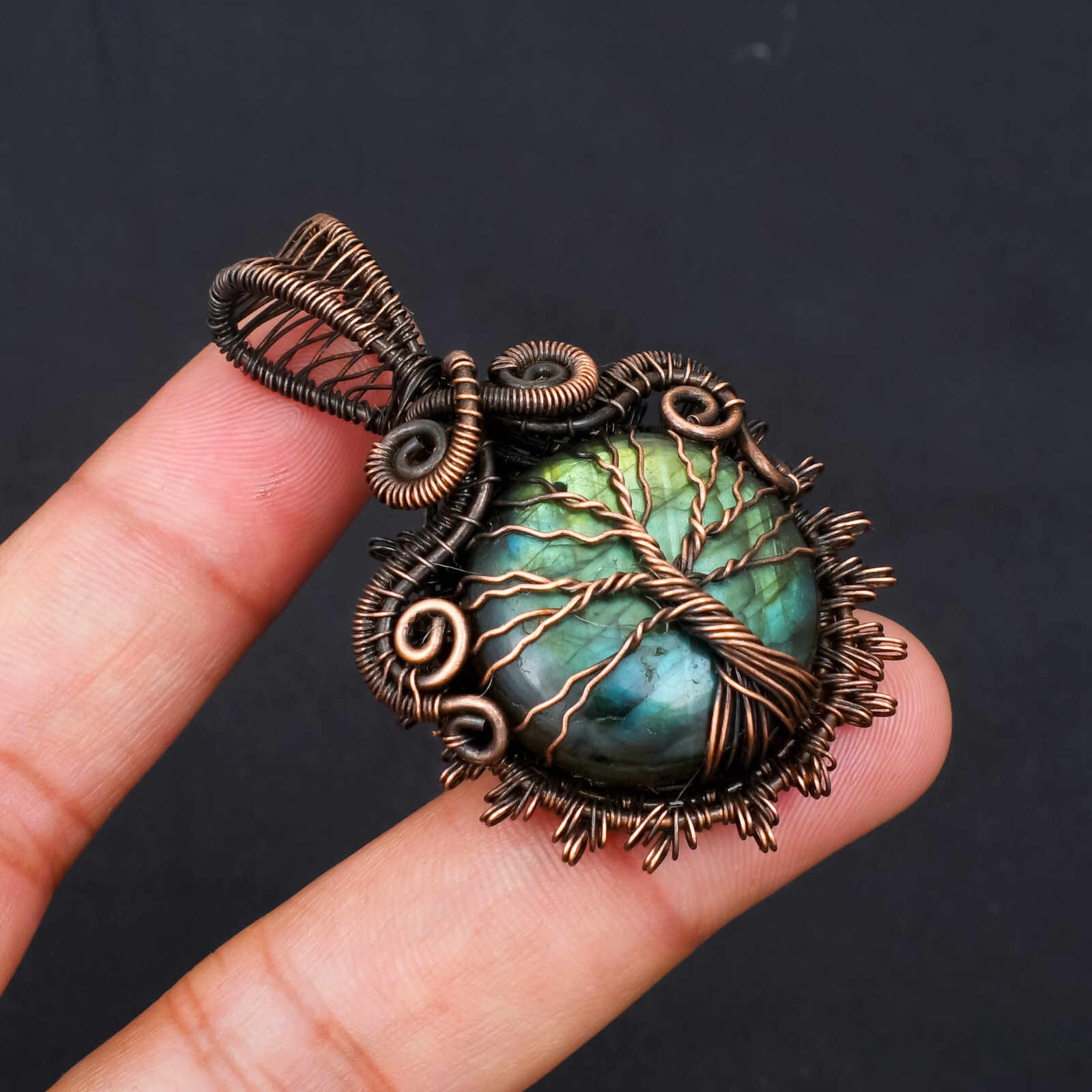 Natural Blue Fire Labradorite Gemstone Wire Wrapped Copper Pendant Jewelry
