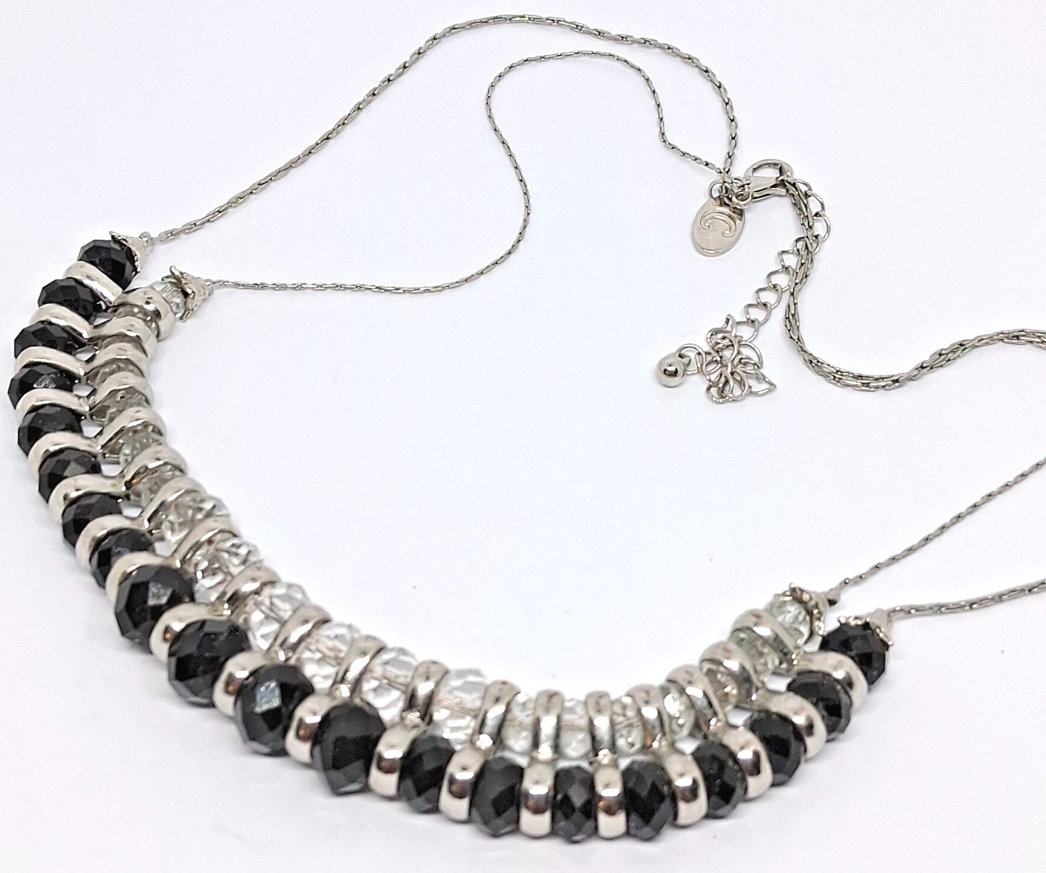 14 Inch Charming Charlie Black and Clear Beaded Double Strand Chain Necklace
