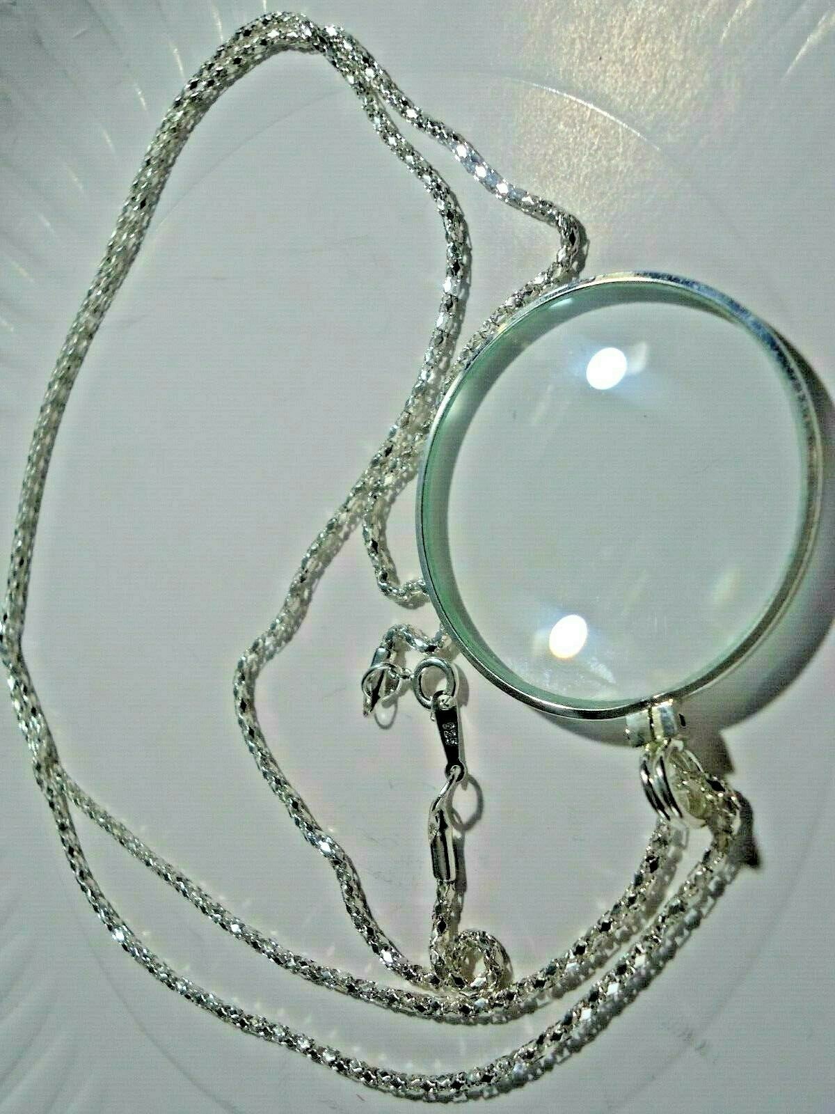 5X Magnifier Reading Magnifying Glass Lens Pendant Necklace 36” silver plated#/