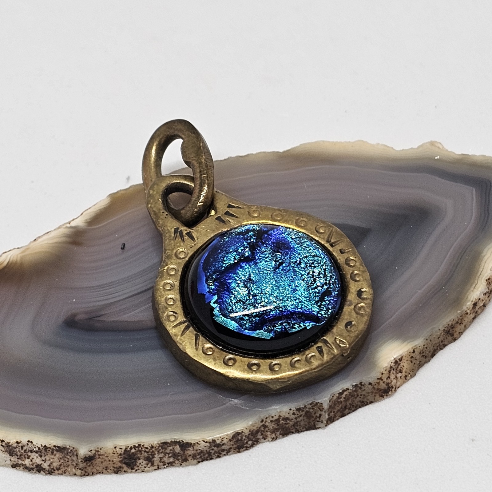 Dichroic Fused Glass Round Pendant Brass Blue Minimalist Statement Jewelry BJ