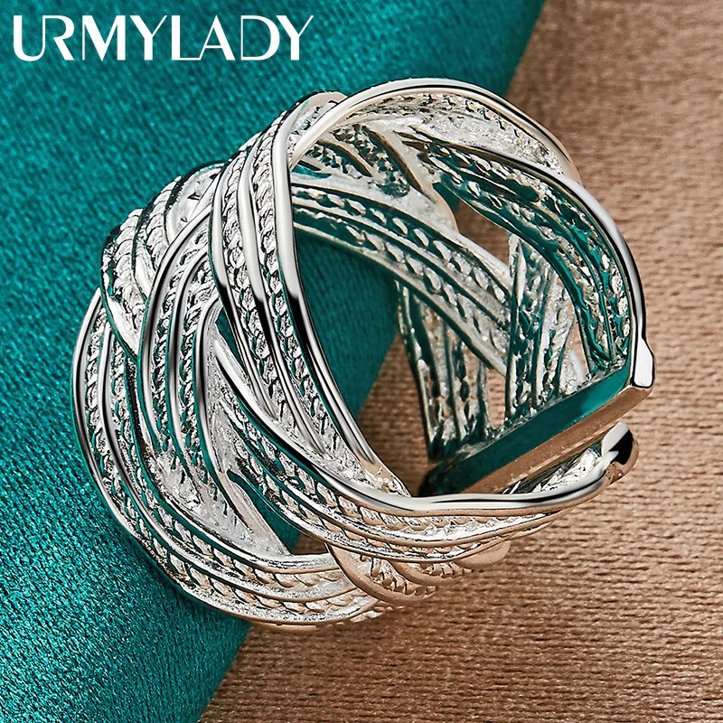 URMYLADY 925 Sterling Silver Woven Net Adjustable Ring Charm Fashion Jewelry