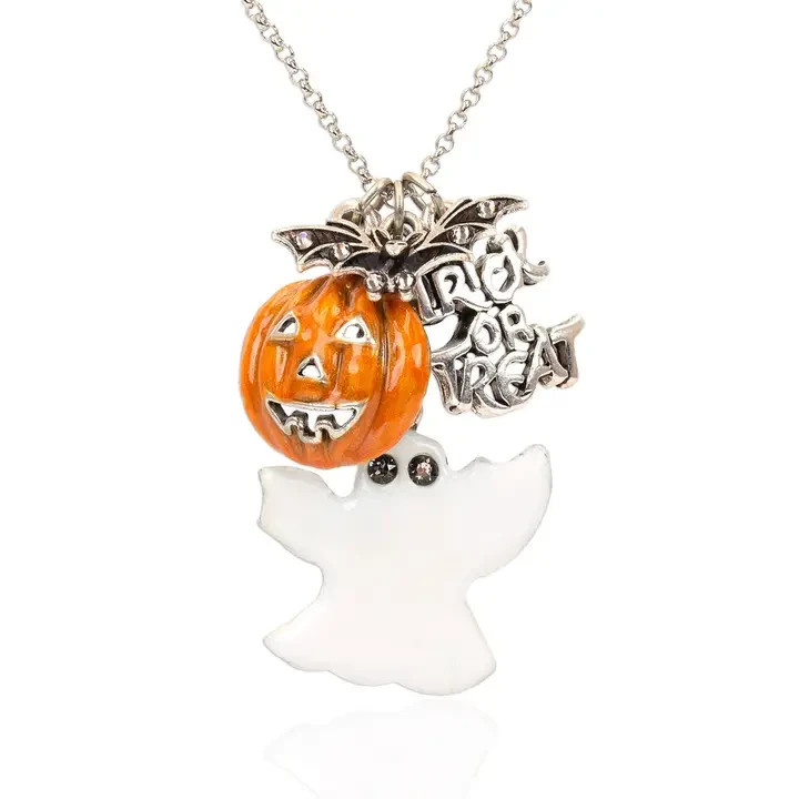 Anne Koplik Pumpkin Ghost Bat Trick or Treat Halloween Charm Necklace Made in US
