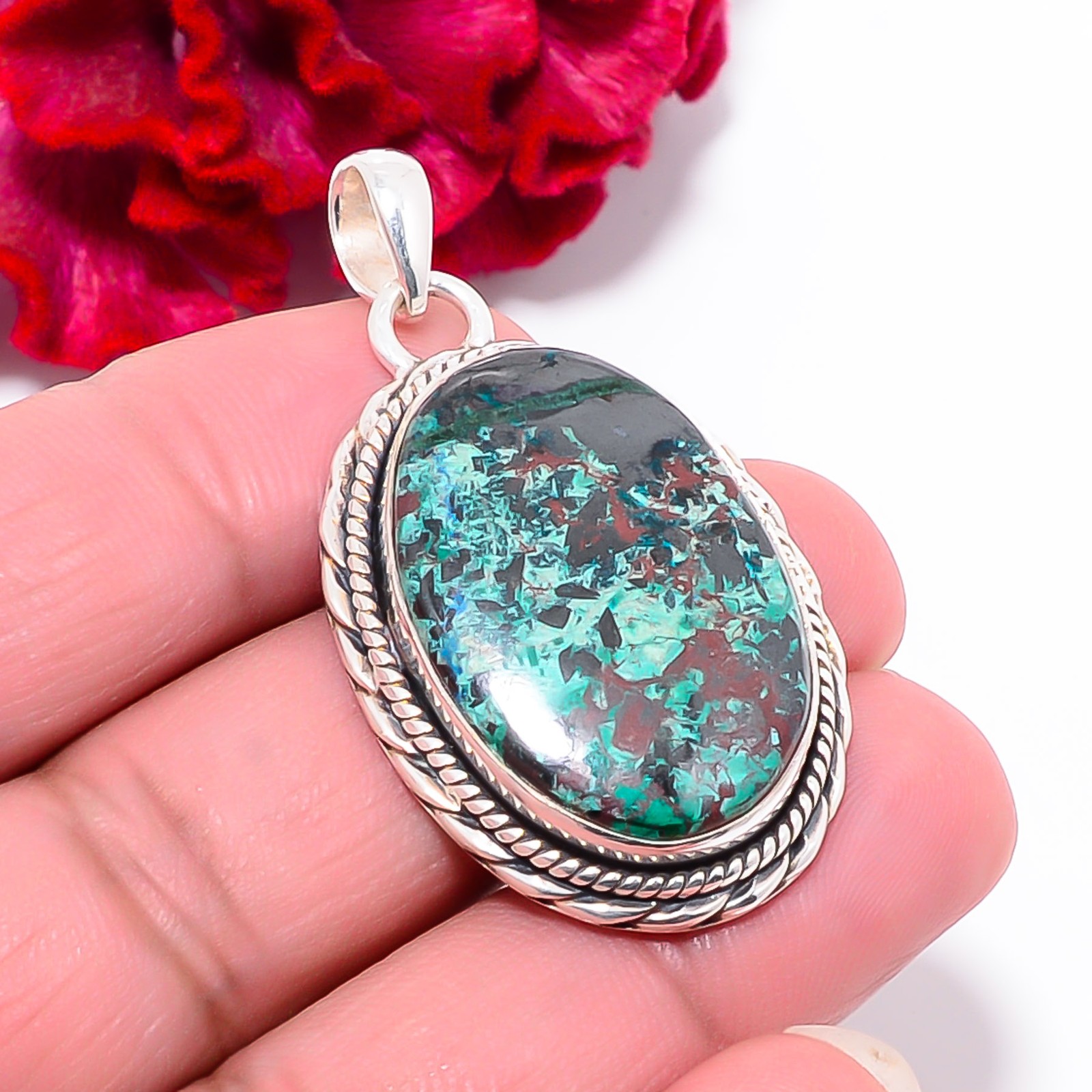 Chrysocolla – Madagascar Gemstone 925 Sterling Silver Pendant 1.95″ P101938