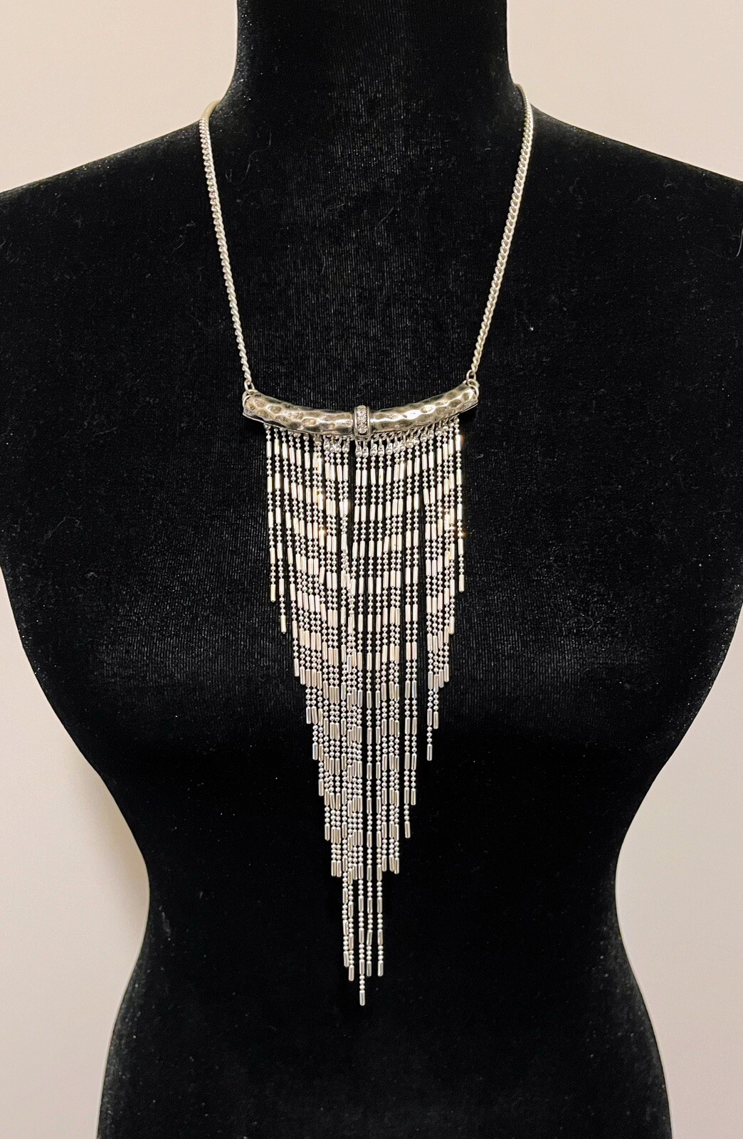 Silver Tone Multi Strand Hammered Bar Rhinestone Statement Necklace