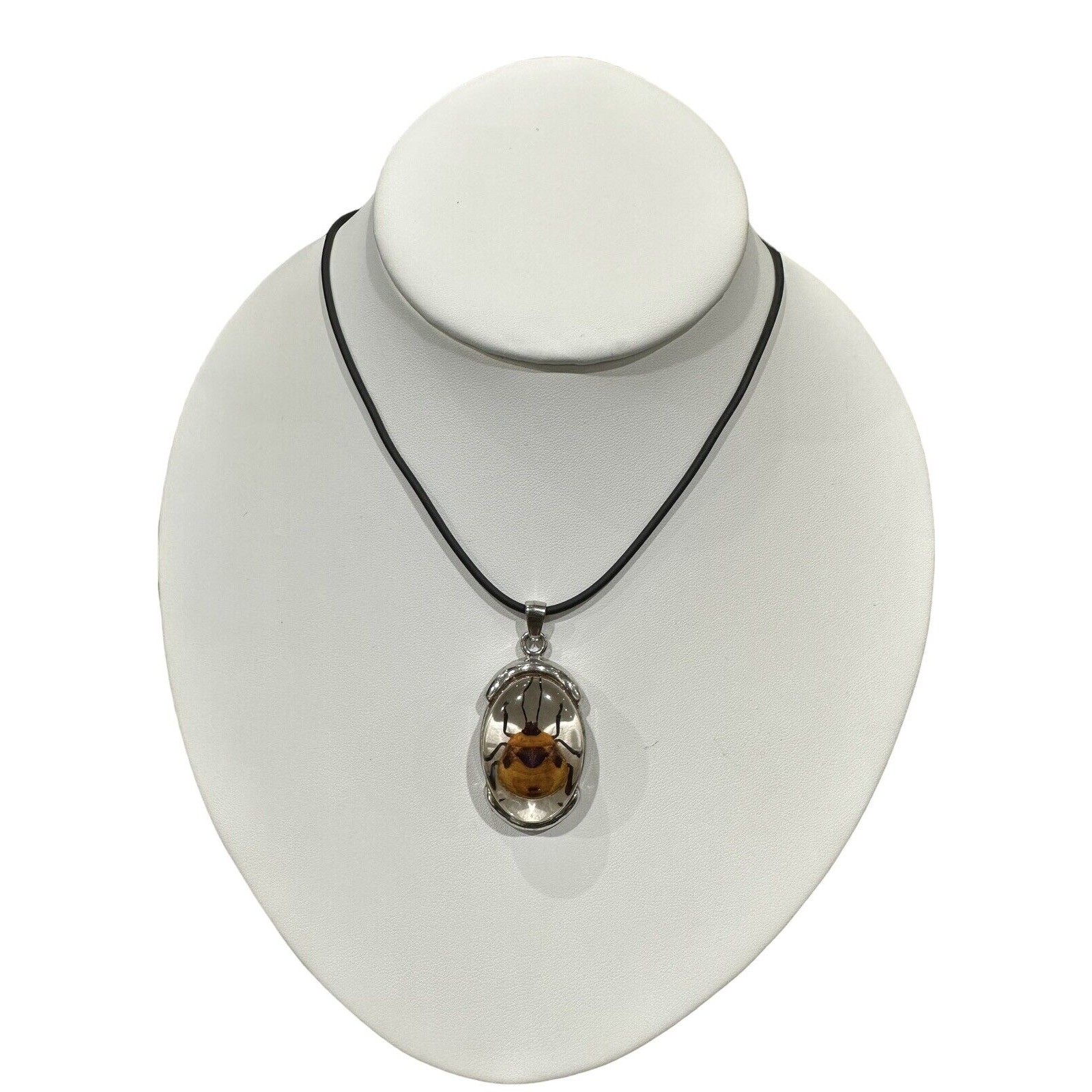 Real Beetle in Lucite With Silver Metal Findings Fancy Necklace Black Cord EUC