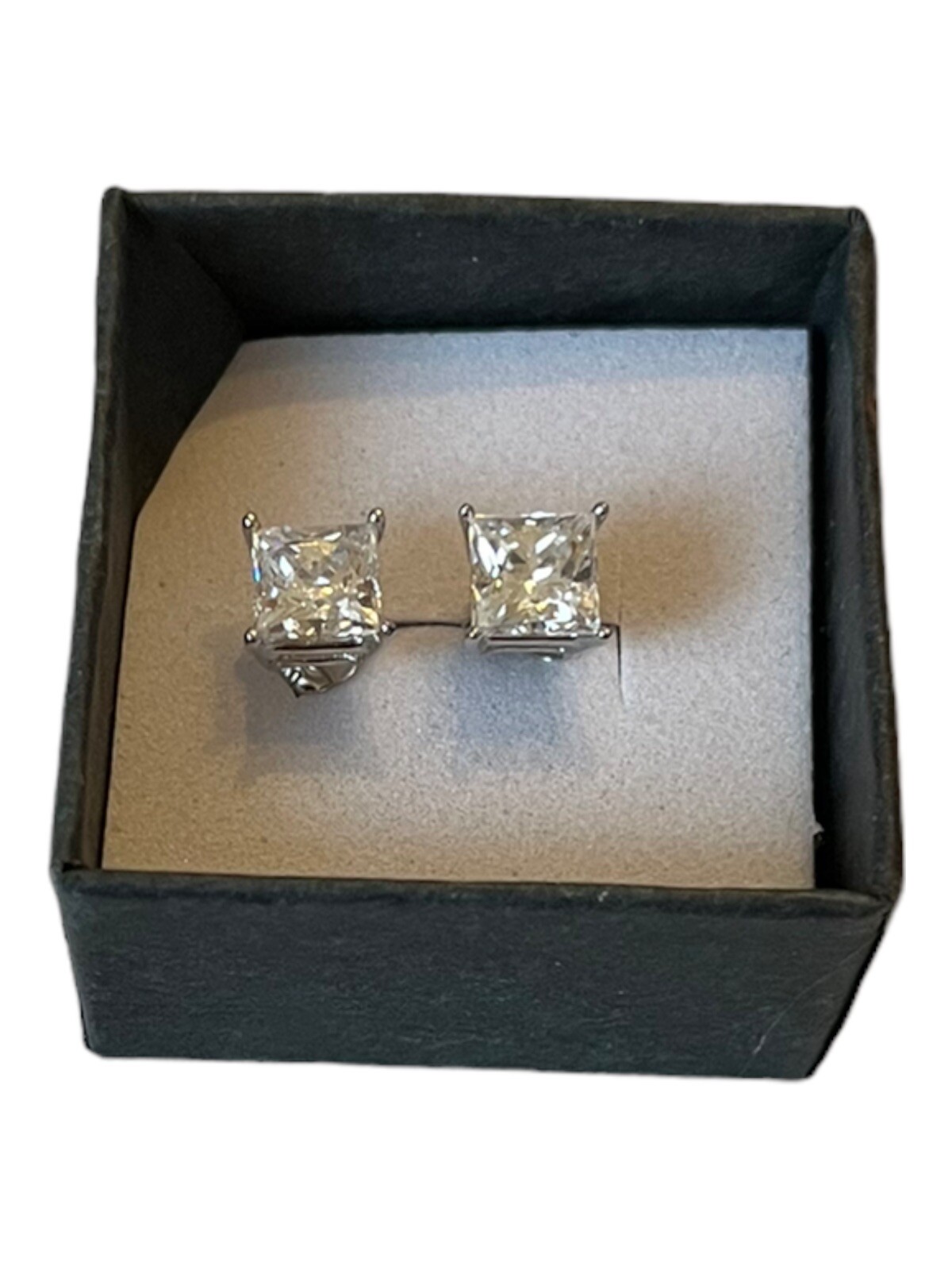 Silver Tone Princess Cut Square Cubic Zirconia Stud Earrings 5.8 mm