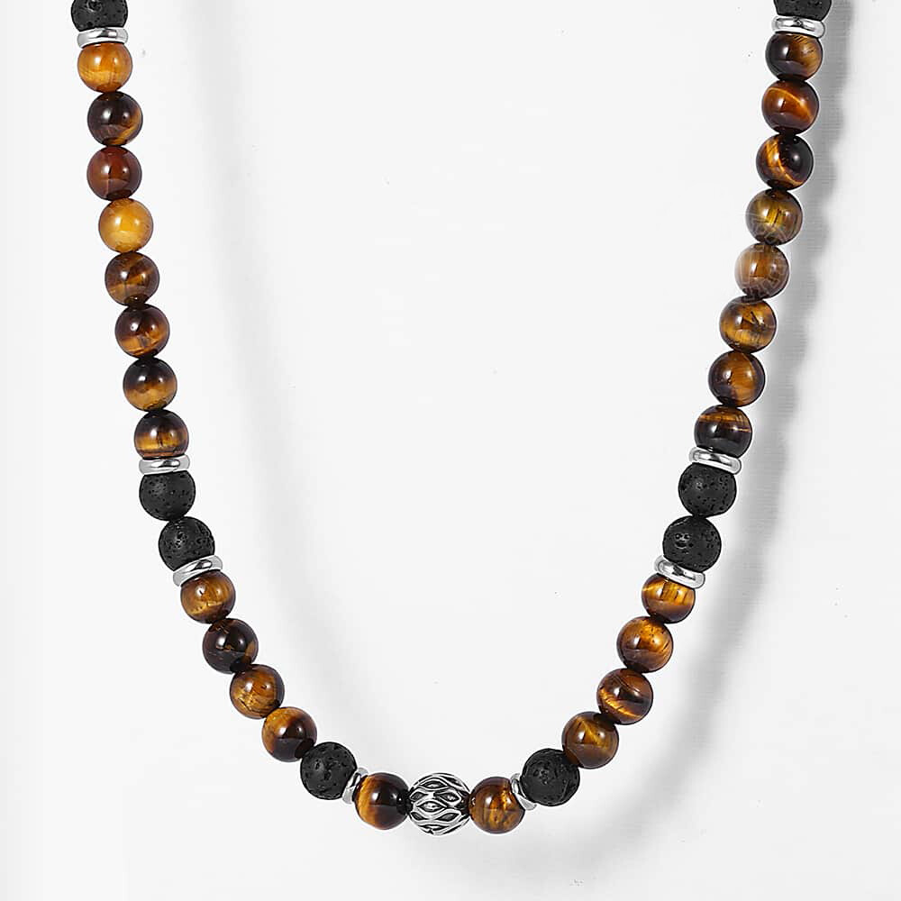Men’s 8mm Natural Tiger Eye Lava Bead Necklace Stainless Steel Toggle 18/20/24″S
