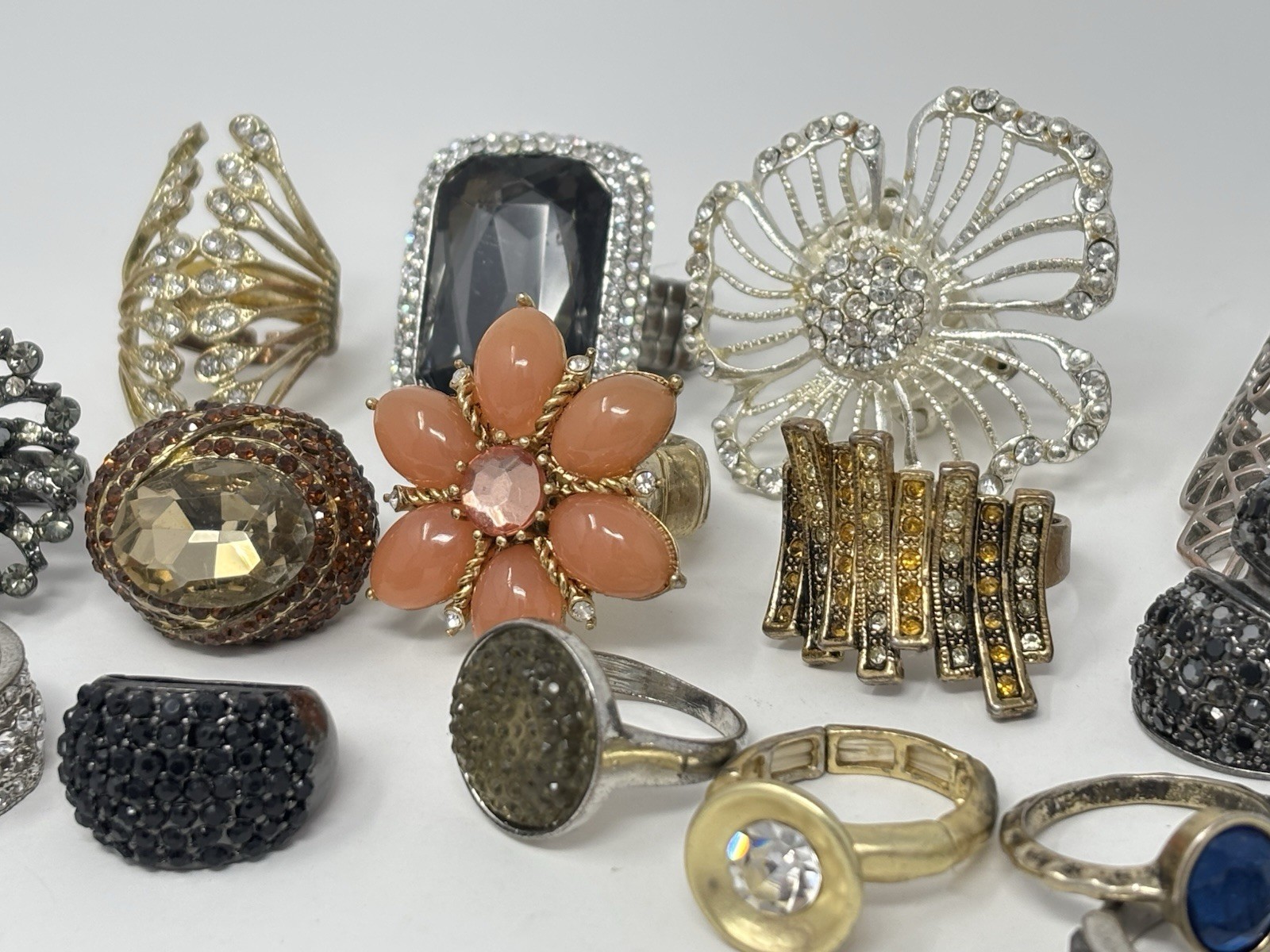 Rhinestone Cocktail Statement Costume Ring lot (15) Rings Mixed Flower Oversized