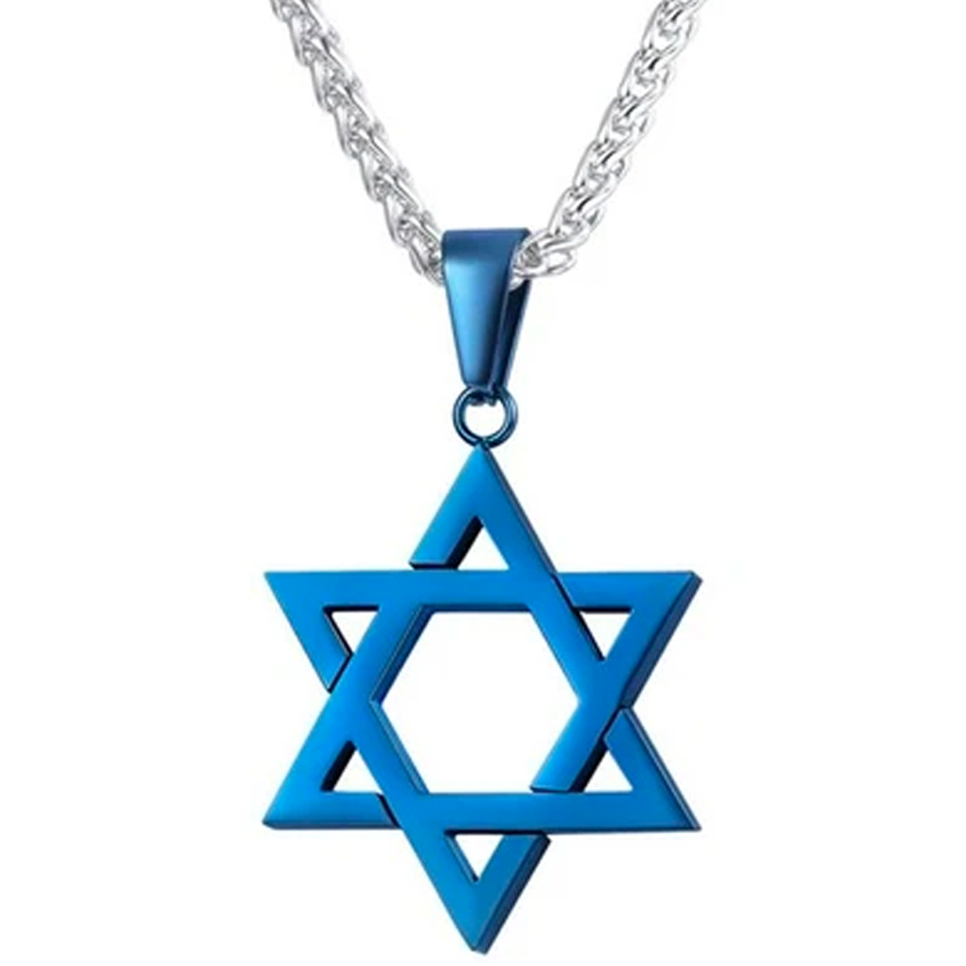 Star of David Pendant Necklace Chain christian Israel Jewish Blue Ion Plate