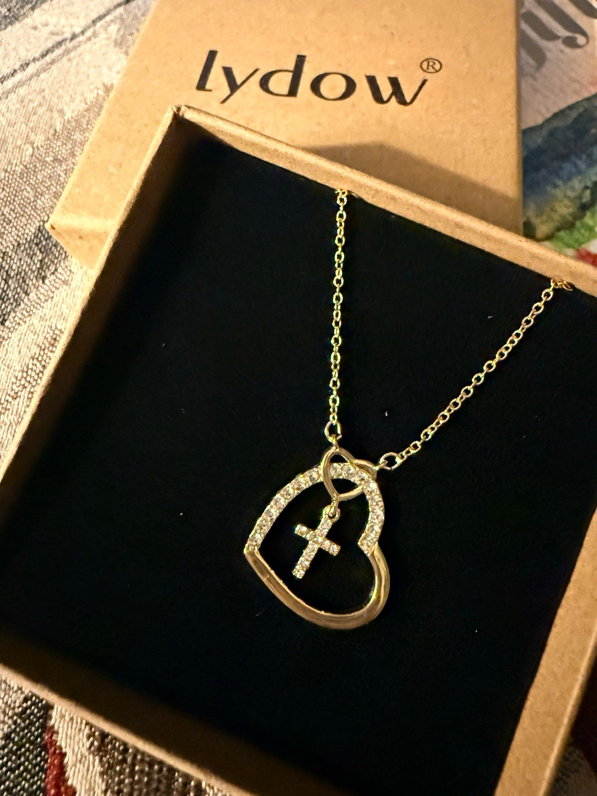 Lydow Gold Tone Heart & Cross Clear Crystal Pavé Pendant Adjustable Necklace