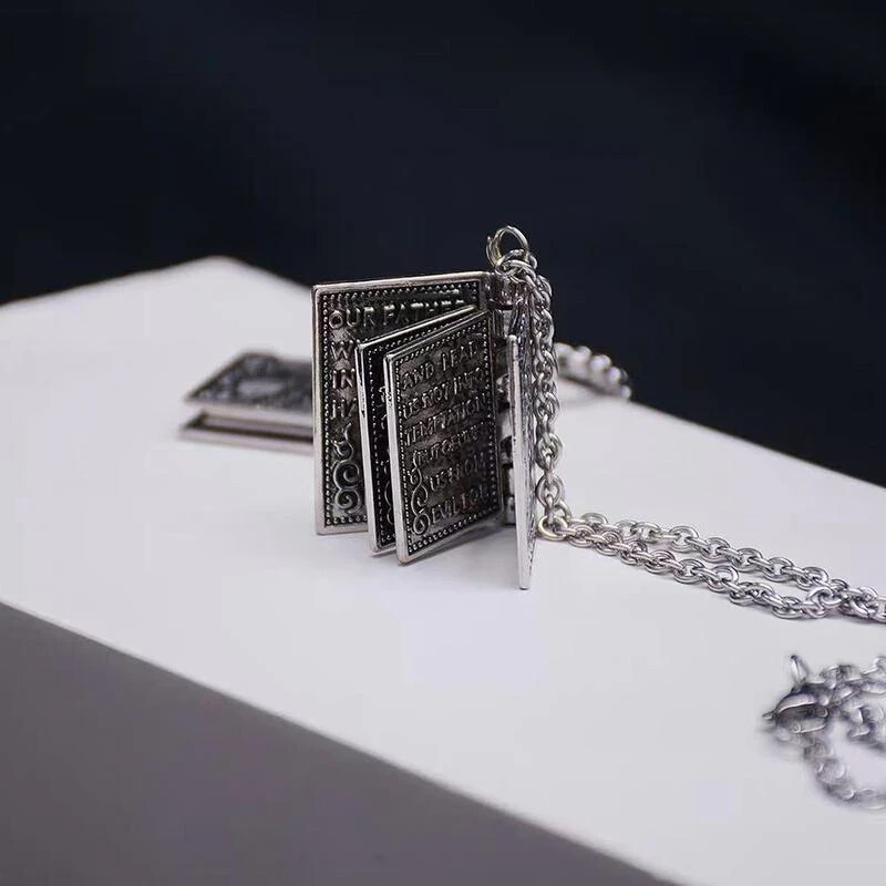 Holy Bible Book Silver Locket Necklace – Religious Prayer Christian Scripture