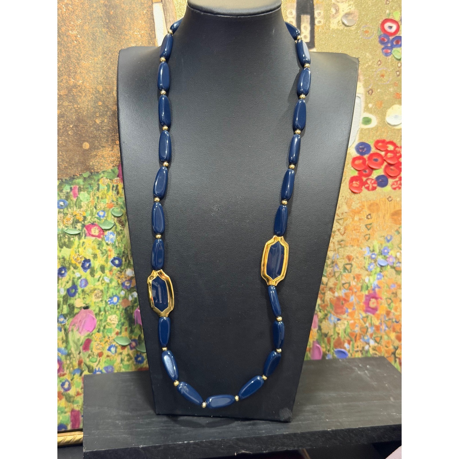 Napier Beaded Necklace Womens 28in Navy Blue Gold Vintage Long Station