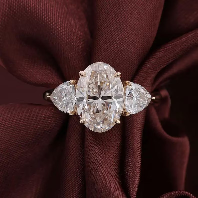 Fancy Three Stone Ring 2.50Ct Oval Cut Simulated Diamond 14K Yellow Gold Plated