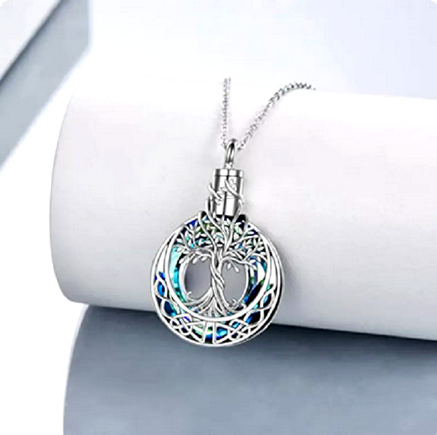 BLUE CZ CREMATION URN ASH TREE LIFE pendant on 22″ 925 Sterling Silver Necklace