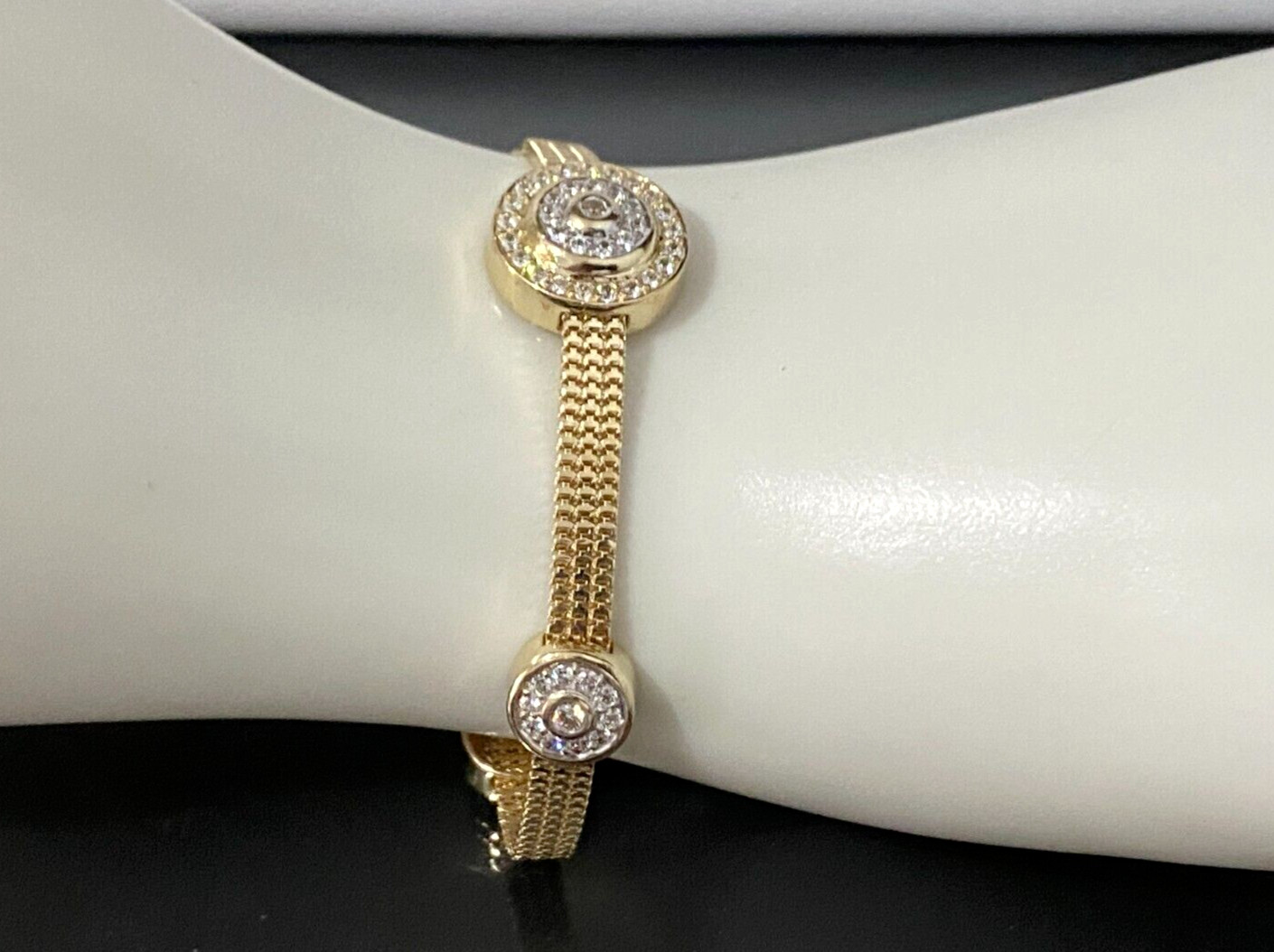 14K Yellow Gold & Cubic Zirconia Mesh Bracelet 18.5cm Long