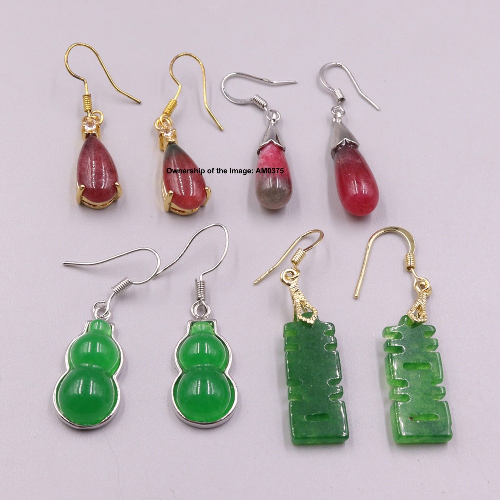 Wholesale 4pair Gold Plated Alloy Handmade Green Jade Dangle Earrings #4
