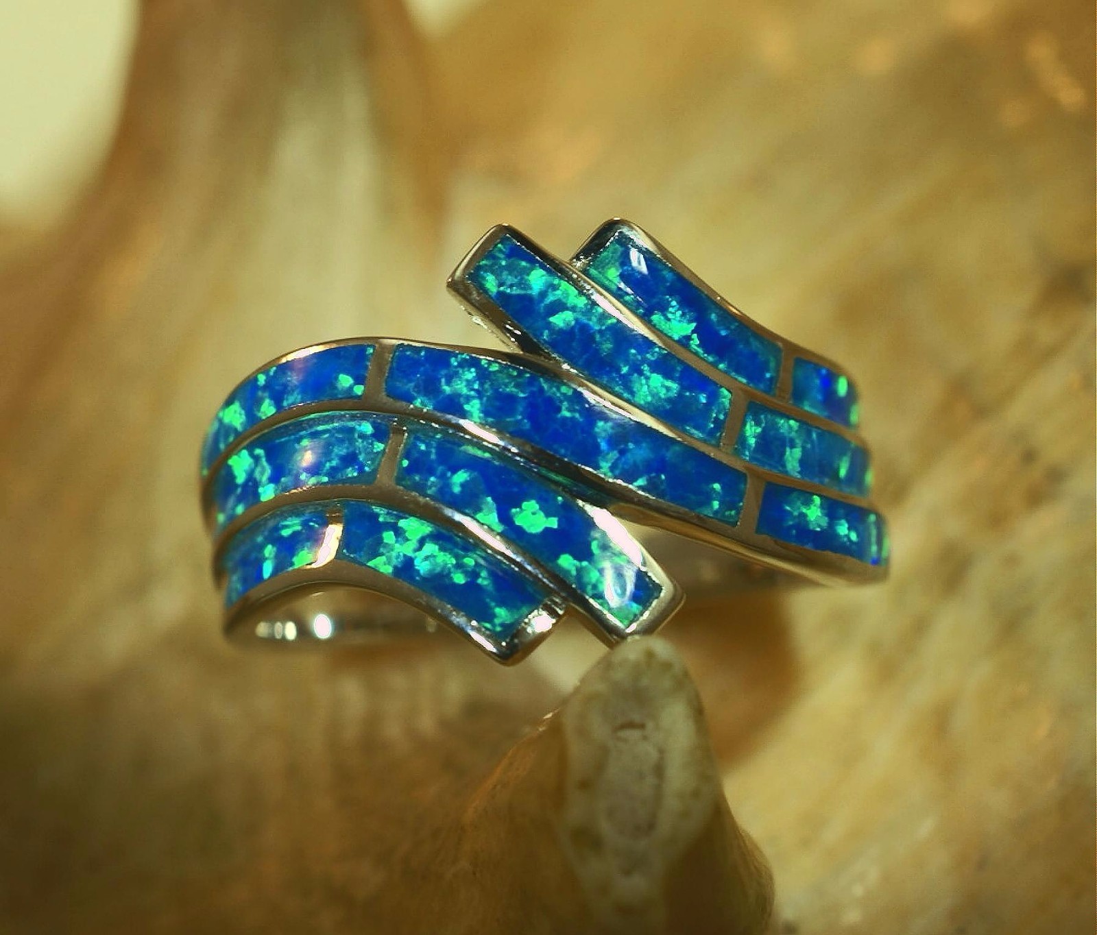 15MM HAWAIIAN RHODIUM ON 925 SILVER INLAID OPAL BREAKING OCEAN WAVE RING 5-10 #2