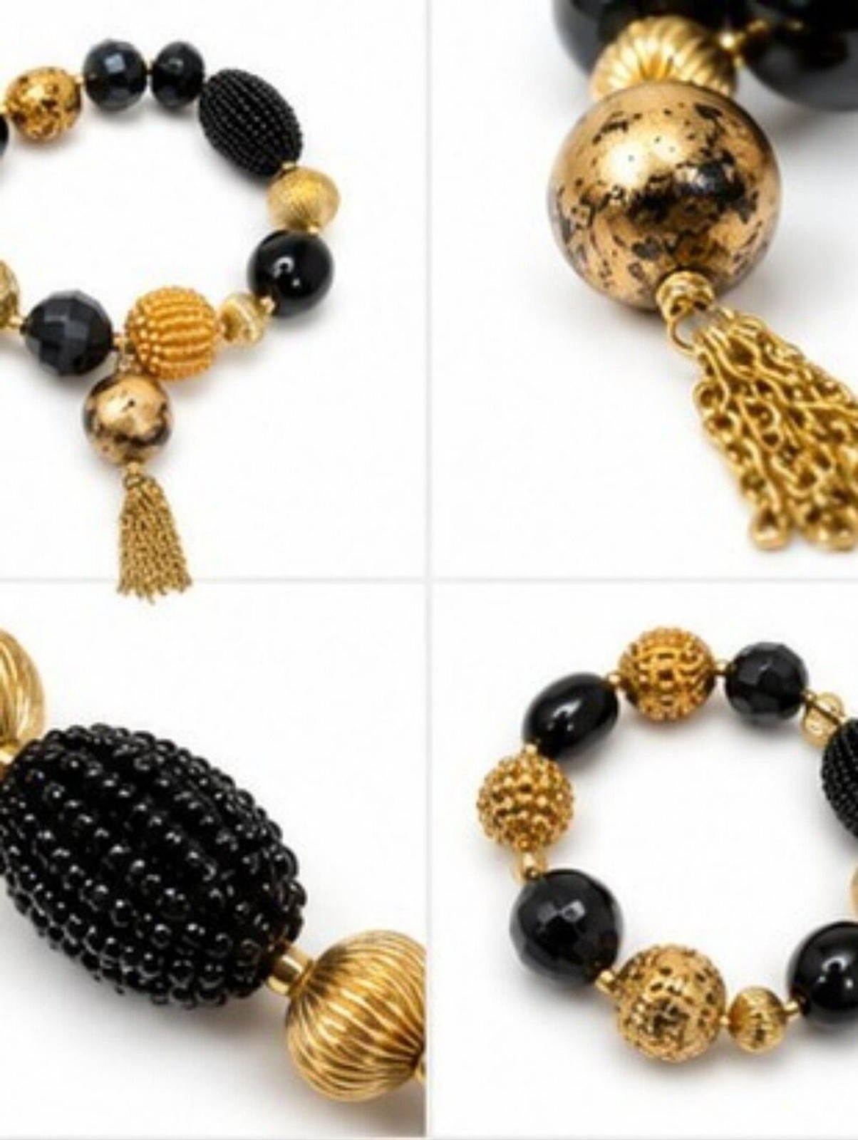 Boutique Black Gold Tone Beaded Bracelet 7″ Glass Acrylic Tassel Statement Boho