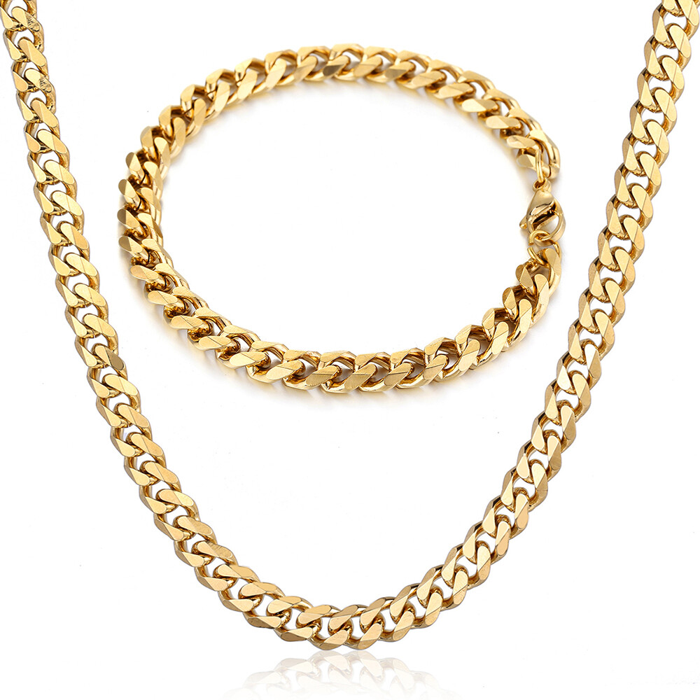 7MM Necklace Bracelet SET Stainless Steel Chain Gold Plated Cuban Link For MEN