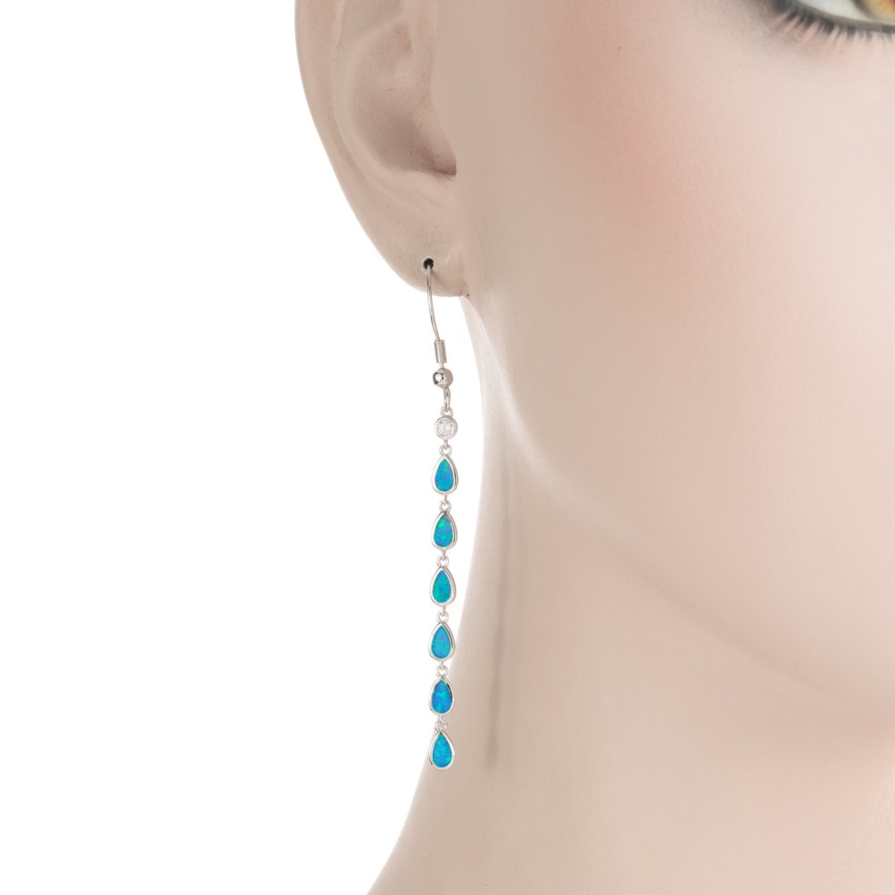 Multi Pear Shape Ocean Blue Fire Opal CZ Silver Jewelry Dangle Drop Earrings
