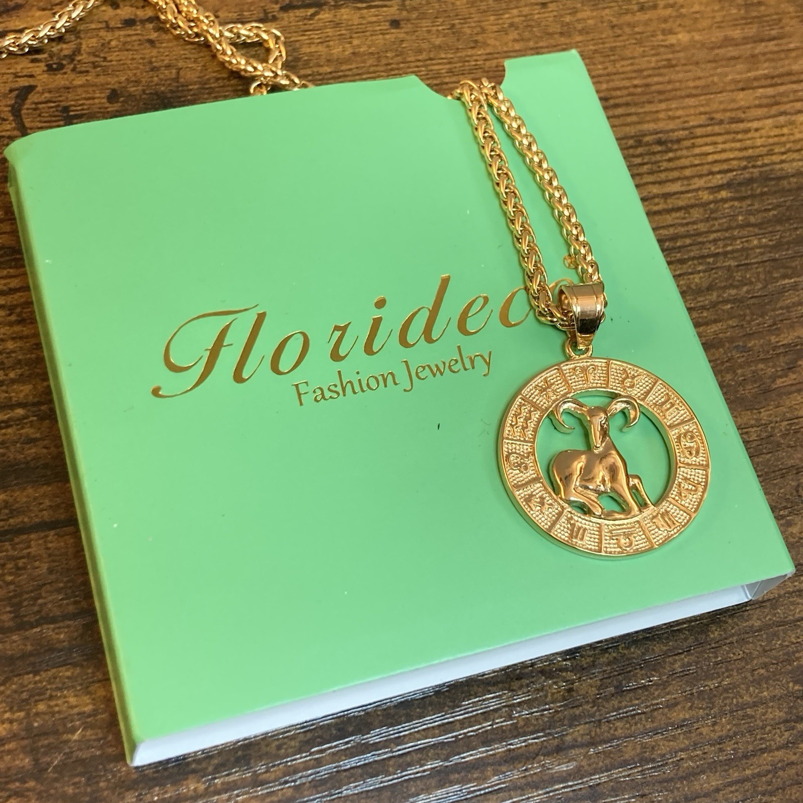 Florideco Aries Astrological Zodiac Symbol Necklace Gold Tone 23.5in Chain