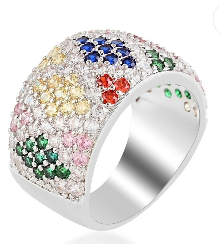 Simulated Multi Color Diamond Dome Ring in Silvertone (Size 7.0)