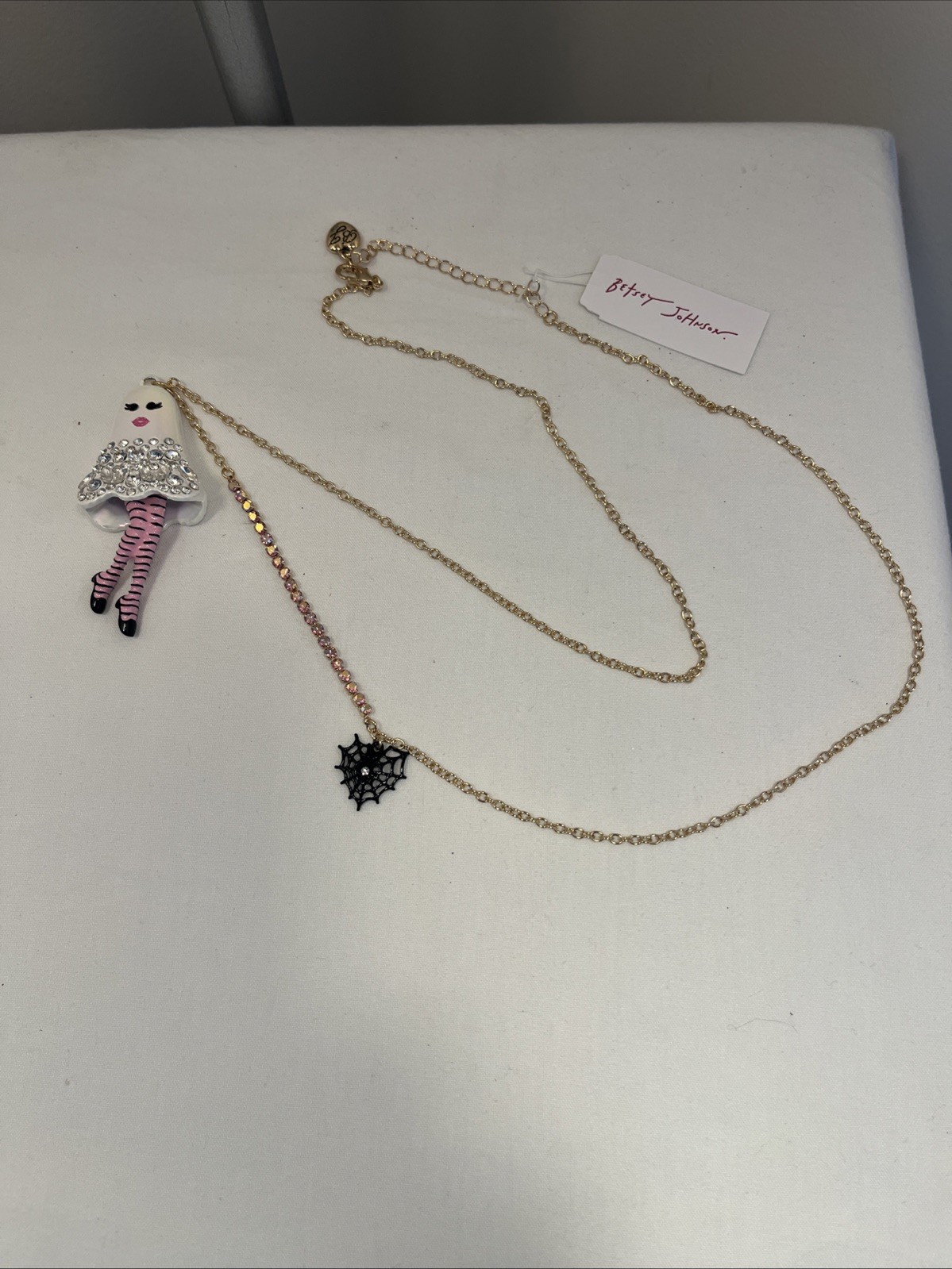 Betsey Johnson Necklace & Earrings Ghost Girl Dangle w/Spider Web Halloween BNWT