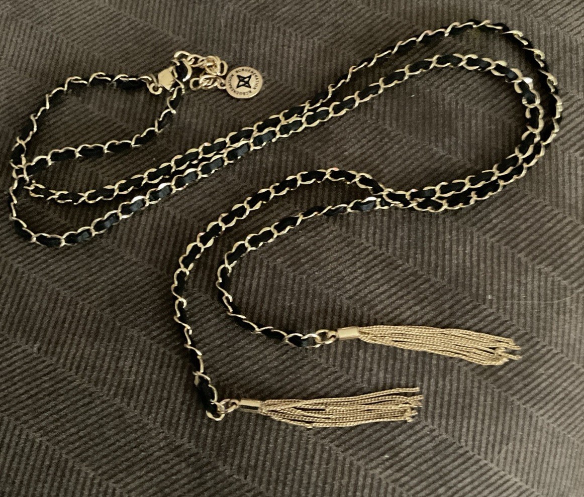 BCBGeneration Golden W Black Suede Woven 26” Tassle Necklace