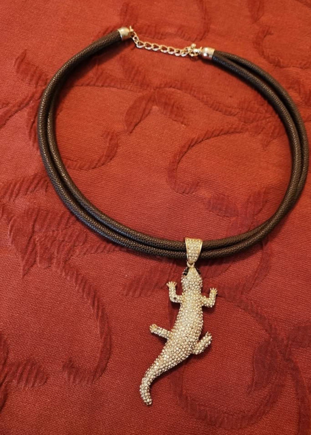 Jeweled Gecko Pendant and Leather Necklace Reptile Jewelry