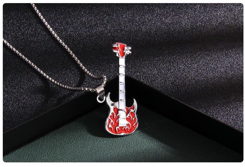 2Pcs Fashion Vintage Hip Hop Punk Titanium Stainless Steel Guitar Music Necklace