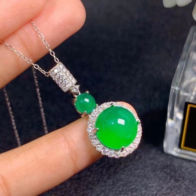 3pcs set Egg Shaped Imitation Jade&CZ Inlay Silver Plated Necklace Earrings Ring