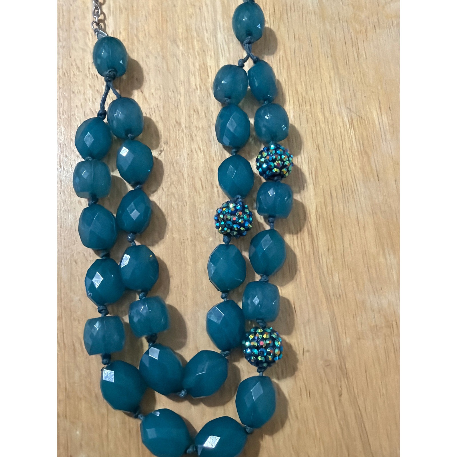 Teal Double Strand Chunky Beaded Statement Necklace Disco Ball Layering