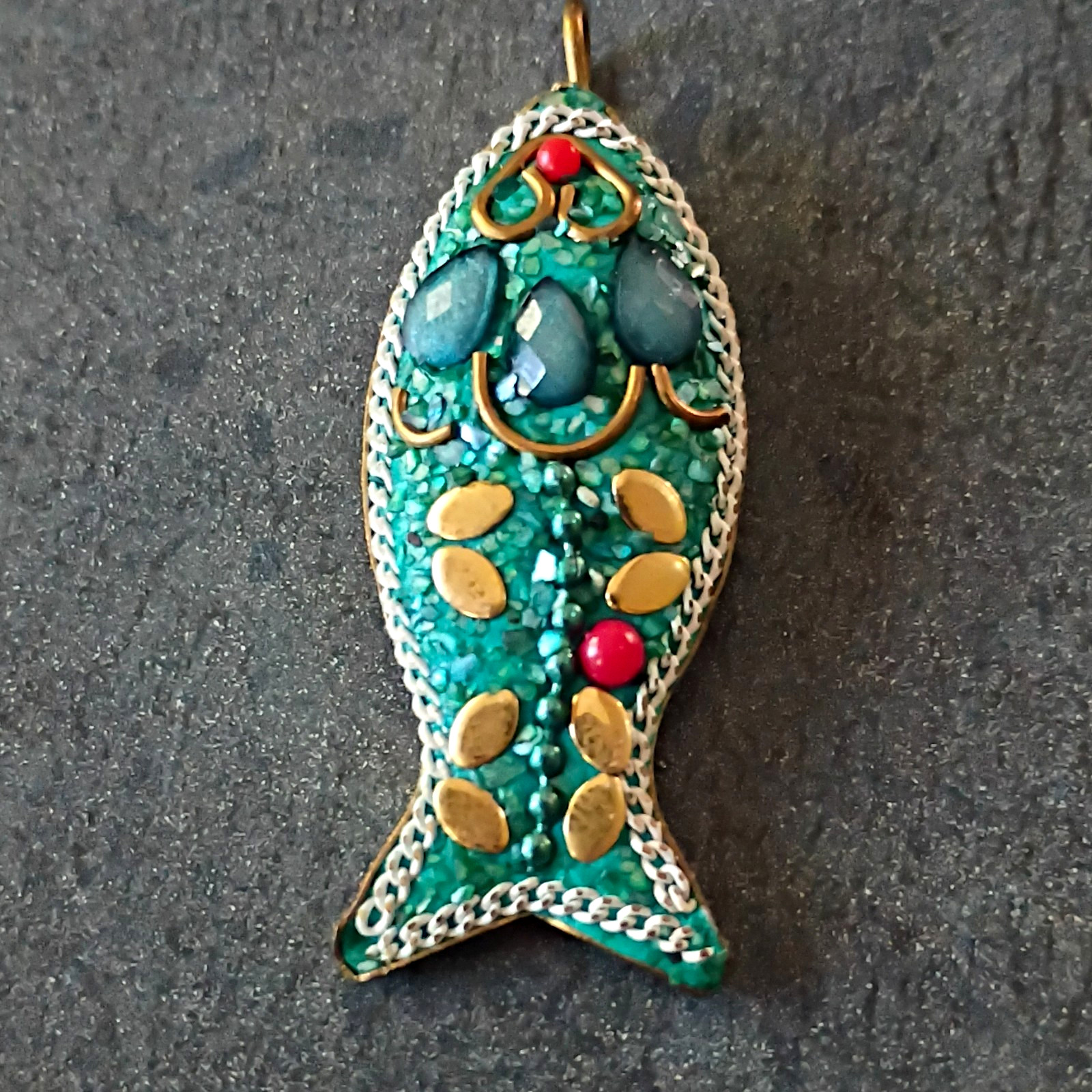 Fish Sea Life Charm Pendant Bronze Tone Metal Green Enamel Blue Cabochon Bail