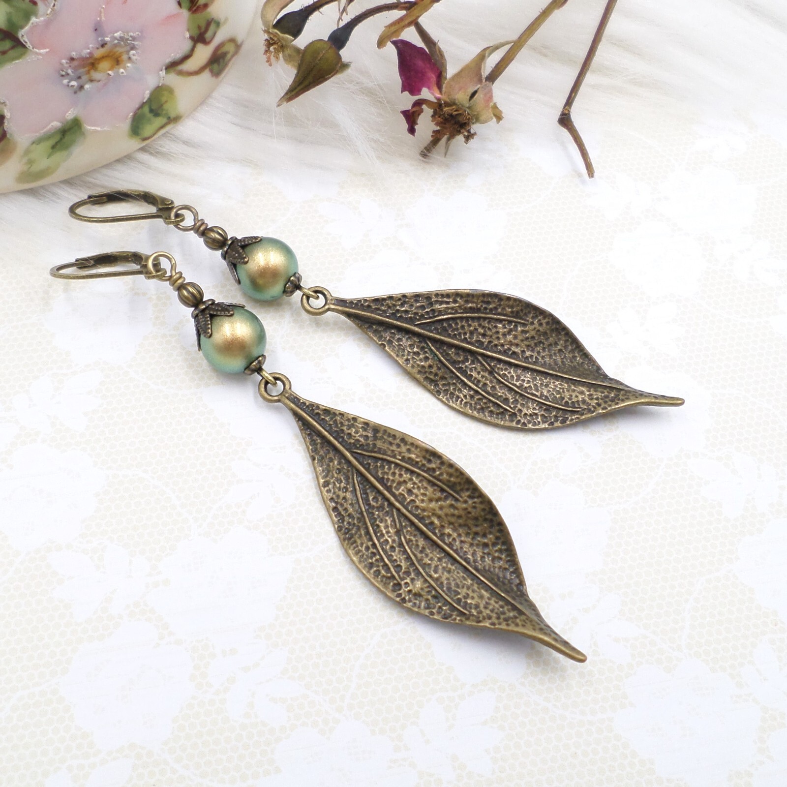 Bohemian Brass Botanical Leaf Earrings, Green Glass Pearl Nature Lover Jewelry