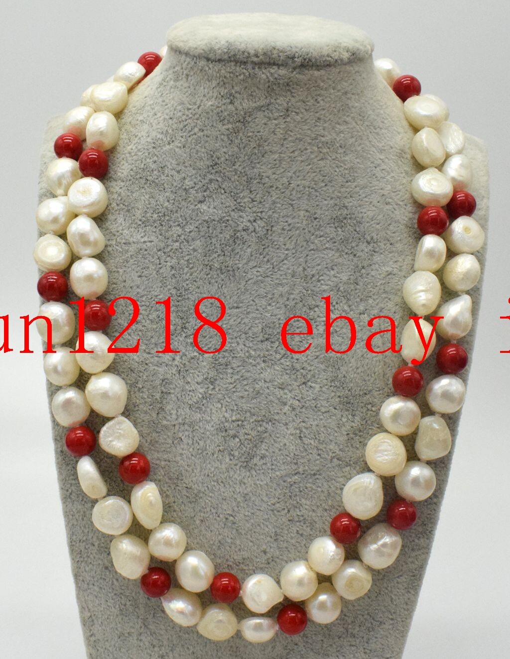 2 Row Pretty 8-9mm Baroque White Pearl&8mm South Sea Red Coral Necklace 18-19”