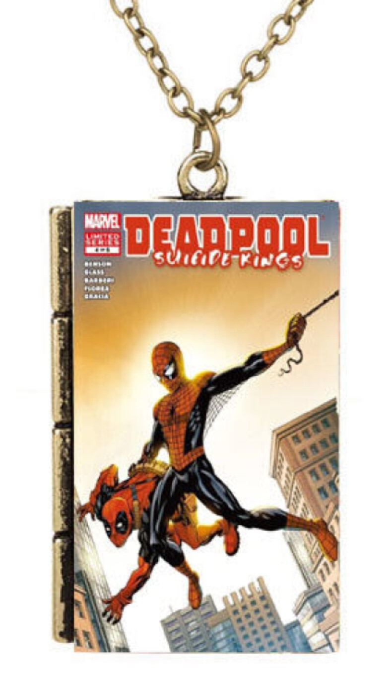 Deadpool Spiderman Comic Books Illustrated Cover Pendant Necklace Free Gift Bag