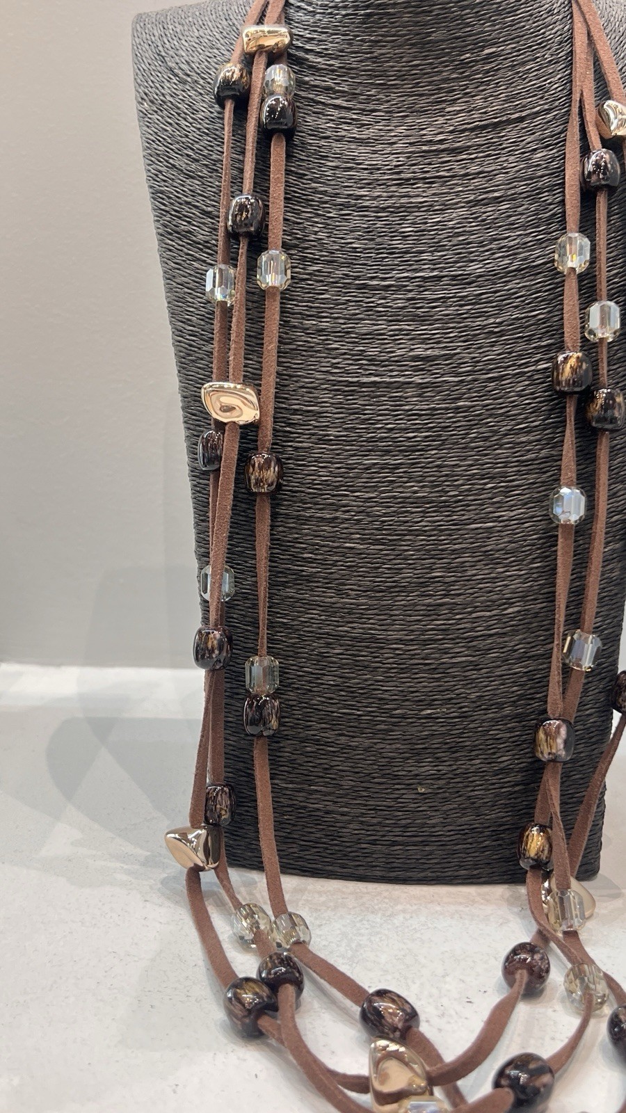 Antonello Serio long multi strand brown suede cord beaded statement necklace NWT