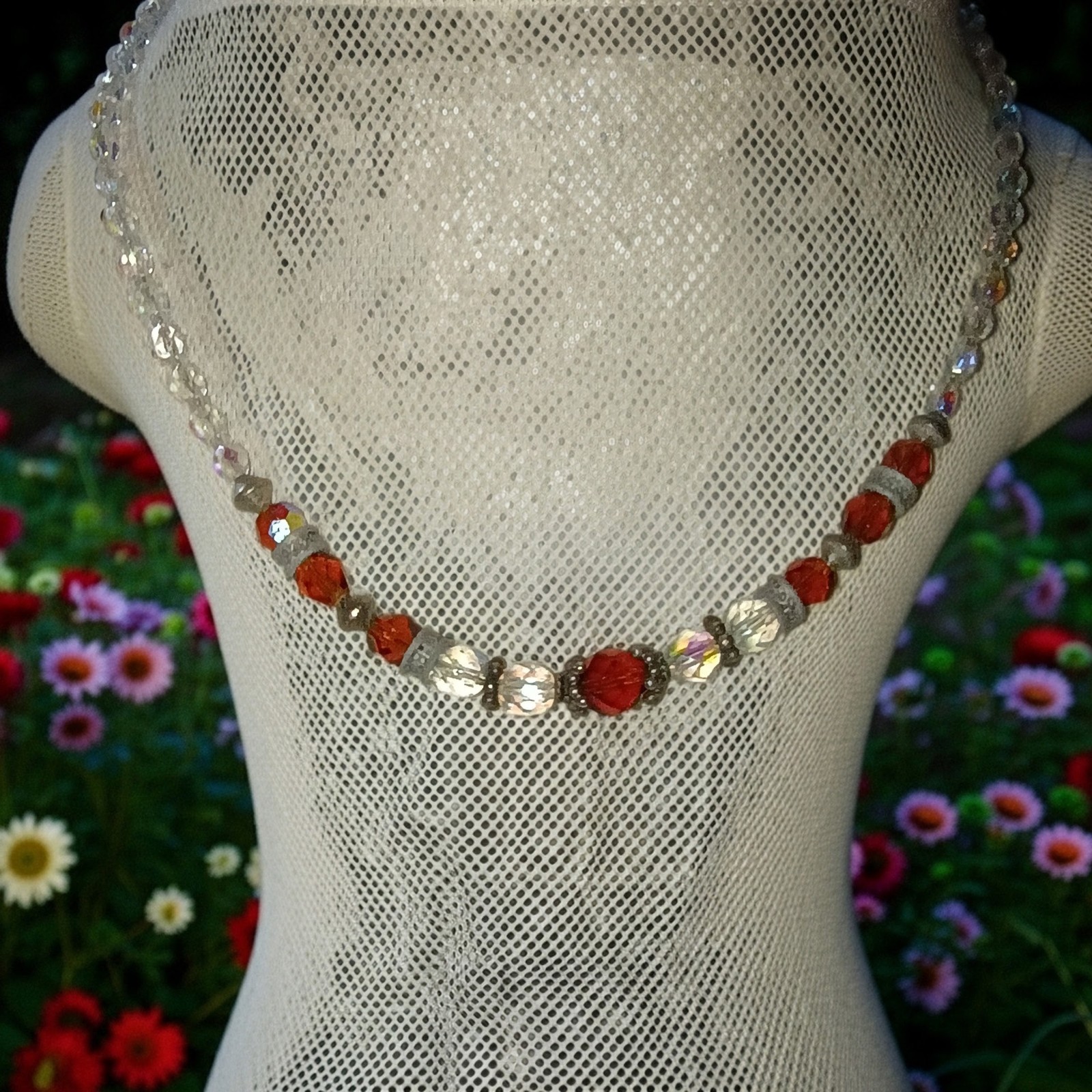 Orange & Clear Faceted Glass Beaded Necklace, Silver Tone, 14 in, Lobster Clasp