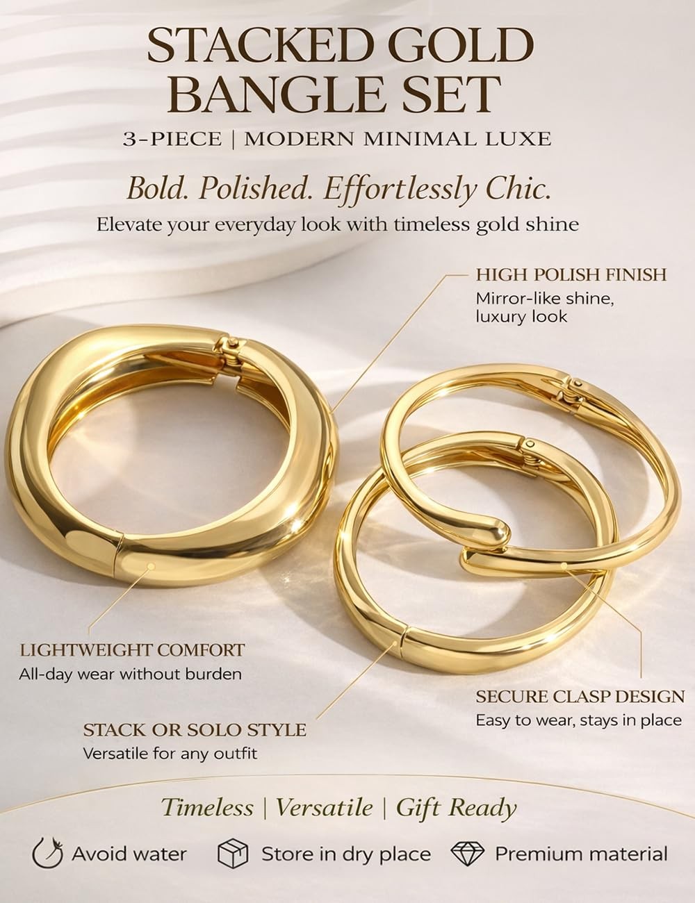 Chunky Gold Bangle Bracelets for Women, Dainty 14k Gold Plated Big Stackable …