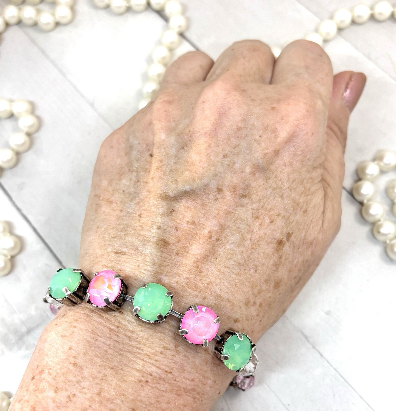 5 Stone Neon Pink Delite And Green Opal Crystal Cup Chain Tennis Bracelet