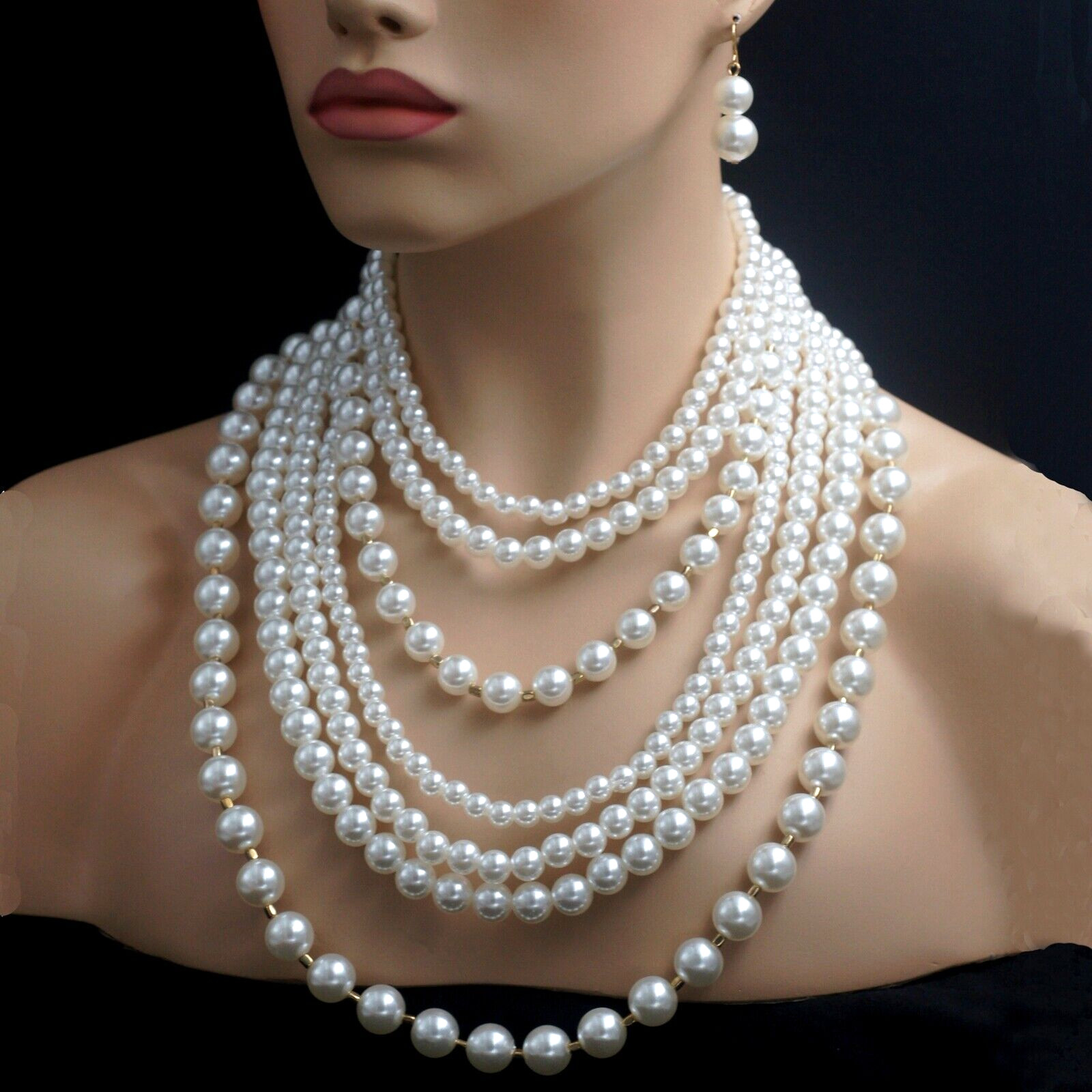 White Pearl Multi Layered Strand String Necklace Bib Earrings Jewelry set 0094