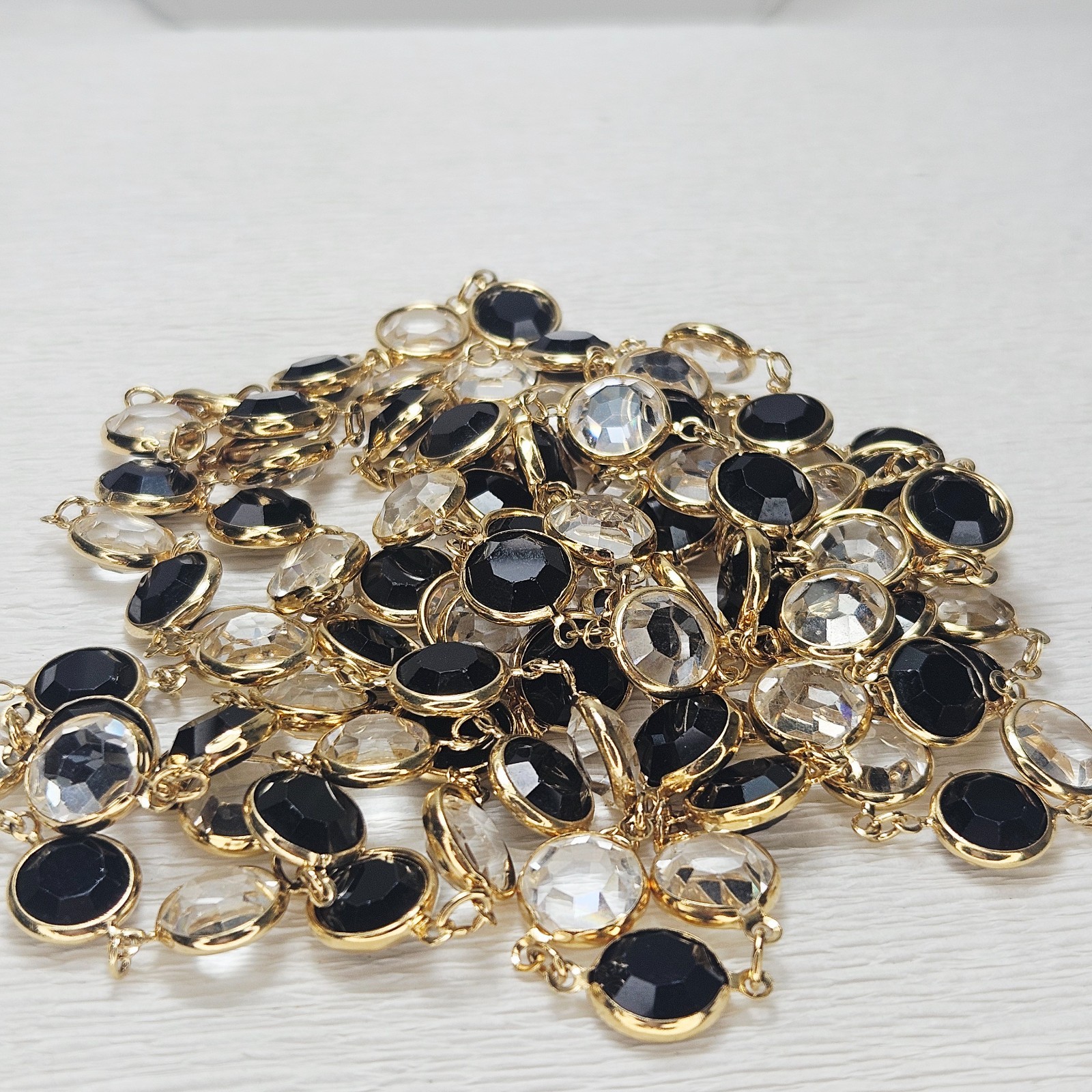 2 Bezel Set Open Back Crystal Necklaces Black Clear Gold 36″ Each 11mm Crystals