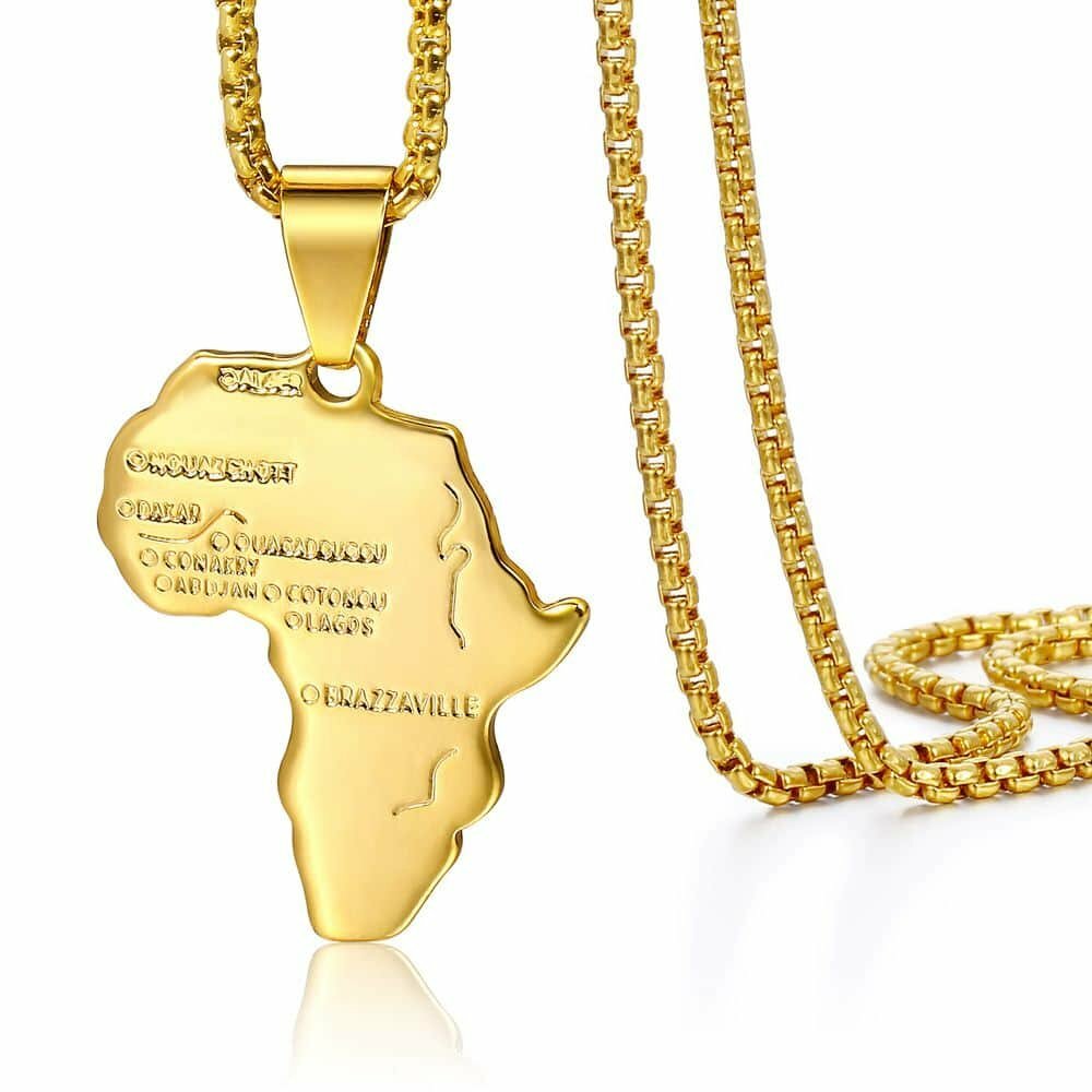 Gold Plated Stainless Steel Africa Continent Map Pendant Necklace Box Link Chain