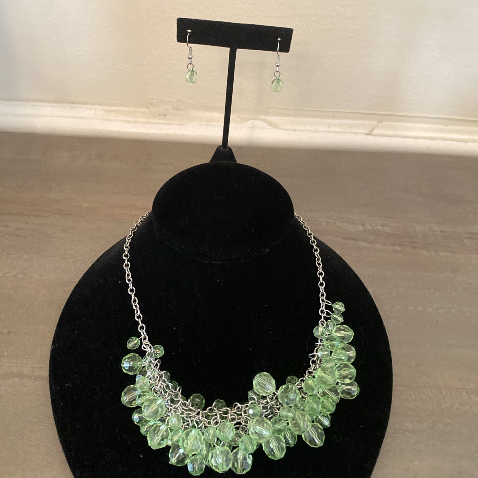 Necklace Earrings Set Green Beaded Tassel Bib Statement Y2K Boho Chic Summer