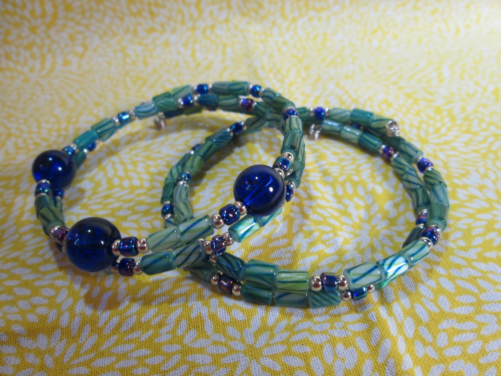 Handmade Glass Bead Memory Wire Wrap Bracelets / Lot of 2 / Green-Blue Duo