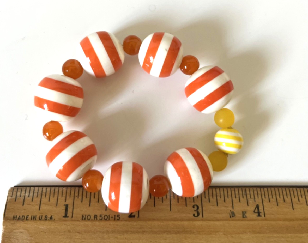 Orange and White Striped Acrylic & Glass Ball Stretch Bracelet