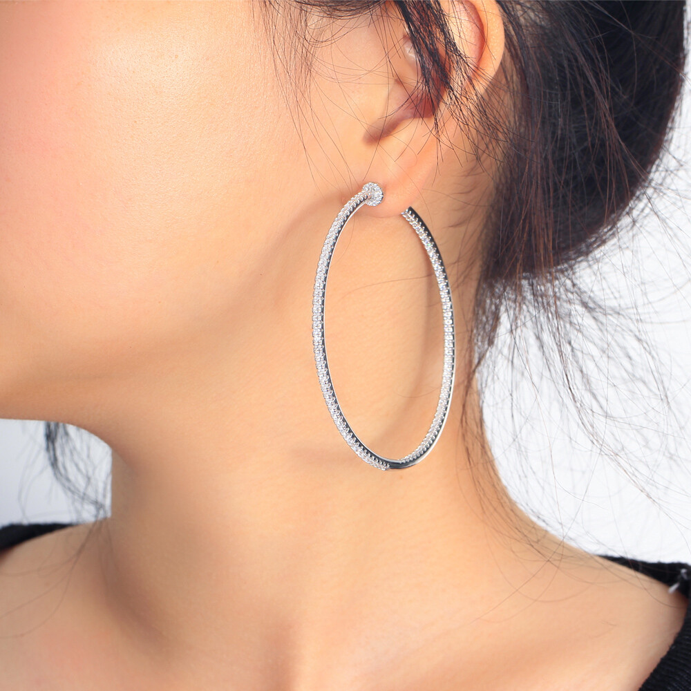 Oversize Silver Plated Cubic Zircon Big Thin Round Loop Hoop Earrings for Women